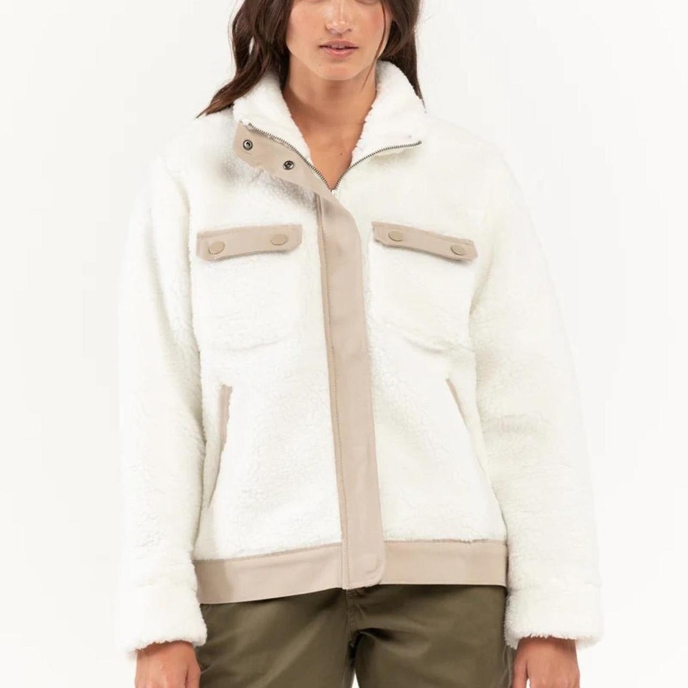 Vans Sherpa Fleece Jacket Women Small White Tan Trim Full Zip Mock Neck Utility